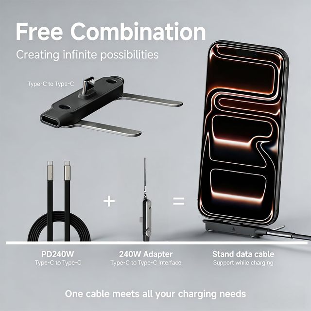Factory Direct Selling 240W Fast Charge Cable with Nylon Folding Stand 1.5m High Speed PD Charger for IOS Phone Tablet Laptop