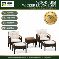 Ensemble de meubles de patio extérieur 5 pièces en rotin PE, 2 fauteuils, 2 ottomanes, table d'appoint avec plateau en bois