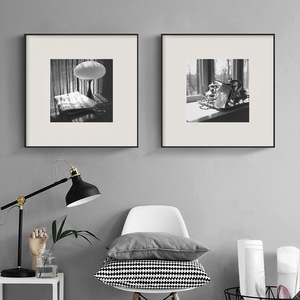 Conjunto de arte de pared con fotos en blanco y negro enmarcadas, 9 piezas, marco rectangular de aleación de aluminio, impresión de inyección de tinta en lienzo al óleo para sala de estar - Product Image 2