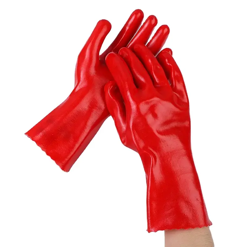 27cm Oil Resistant Chemical Proof Industrial Red Anti slip water Proof PVC Coated Long Sleeve Gloves
