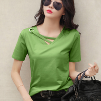 Nouveau T-shirt d'été à manches courtes pour femme, style coréen, col en V : haut polyvalent, coupe décontractée, grande taille pour étudiantes, tendance