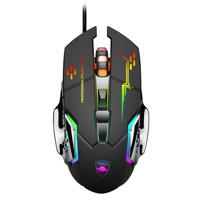 FRIWOL 3200dpi Adjustable Optical Gaming Mouse 6D Game Programming RGB Backlit Wired USB Interface Ergonomic Design for