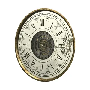 Horloge ronde de 23 pouces avec miroir circulaire en laiton Antique avec mécanisme mobile