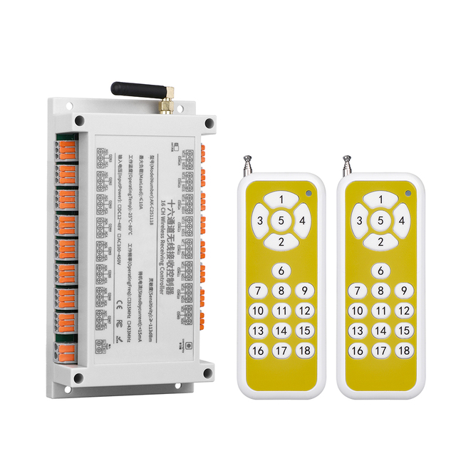 16CH AC Industrial RF Remote Control Switch 433MHz Wireless Receiver Learning 10A Relay DIN Rail Quick Connect Terminal Motor