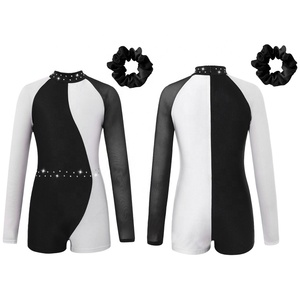 Enfants filles à manches longues col montant contraste couleur fermeture éclair dos combinaison cheveux cravate chapeaux gymnastique patinage danse <span class=keywords><strong>tenue</strong></span> - Product Image 1