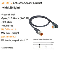 Cableado de Actuador/Sensor M8 M12 (Sobreformado) 3/4 Polos Código A IP67 Conductores de Cobre Puro Aislamiento de PVC Luces LED 30V CC 0.6m