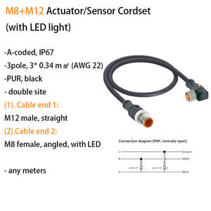 M8 M12 액추에이터/센서 케이블 세트(오버몰딩) : 3 및 4극, A 코드 IP67, LED 조명 포함, 단일 및 이중 엔드 케이블 세트 모두 - Product Image 5