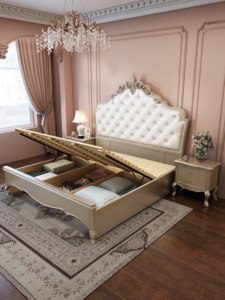 Lit capitonné de luxe en bois sculpté français, ensemble de meubles de chambre principale, lit double classique King/Queen pour villa - Product Image 5