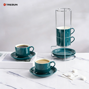 Elegantes tazas de porcelana azules para regalo de boda, recuerdo para invitados, tazas de espresso con platillos apilables, tazas de capuchino con soporte. - Product Image 2
