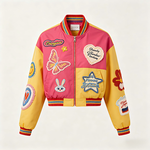 Giacca Corta Rosa Y2K Personalizzabile per <span class=keywords><strong>Donna</strong></span>, Logo Personalizzato, Ricamo ad Alta Densità, Patchwork, Cappotto Streetwear - Product Image 1