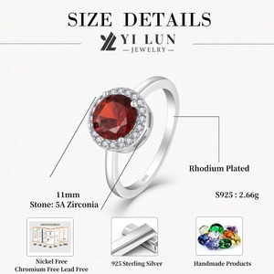 แหวนเงินแท้ 925 ประดับพลอยโกเมนสีแดงทรงกลมและเพชรคิวบิกเซอร์โคเนียทรงรัศมี สำหรับผู้หญิง ของขวัญเครื่องประดับสำหรับงานแต่งงานและงานหมั้น ขายส่ง - Product Image 6