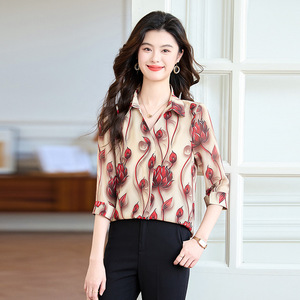 European Style Printed Collared Three Quarter Sleeve Shirt Women Floral Print Chiffon Loose Fit Elegant Top Everyday Wear - Product Image 1