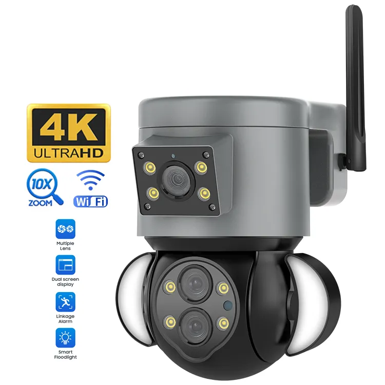 2023 New Design 4Mp 10X Optical Zoom PTZ Floodlight Camera Dual Lens Security System IP65 Outdoor Night Vision Alarm Camera