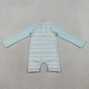Ensemble de maillots de bain pour frères et sœurs, garçons et filles, bleu clair à rayures, haut à manches longues, short avec fermeture éclair au dos - Product Image 6