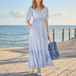 Vestido largo azul con estampado floral y cuello en V para mujer con cintura fruncida - Product Image 1
