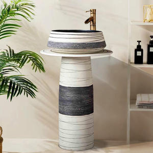 Meilleures ventes : Lavabo en céramique intégré <span class=keywords><strong>de</strong></span> style chinois à base ronde, avec installation <span class=keywords><strong>de</strong></span> robinet monotrou, idéal pour les balcons - Product Image 1