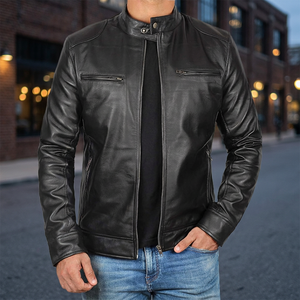 Blouson d'hiver en cuir véritable pour homme, style motard coréen, coupe ajustée, col montant, manches longues, fermeture éclair sur le devant, personnalisable - Product Image 3