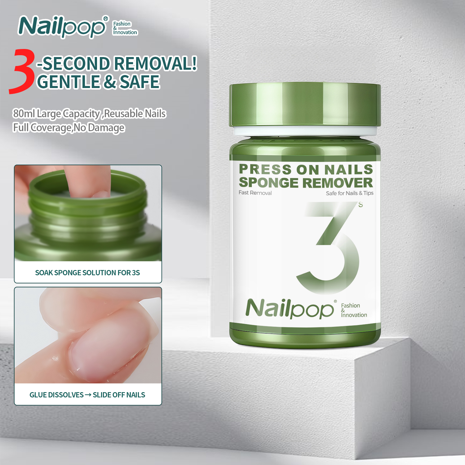 Nailpop Улучшенный для удаления губки для ногтей, 100 мл, большая емкость для твердого клея, искусственные ногти для удаления 3s, мягкое удаление без повреждений