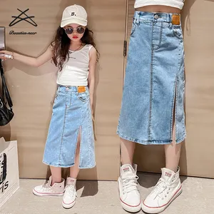 Trẻ Em Quần Áo Ăn Mặc Trẻ Em Thanh Thiếu Niên Mùa Hè Cô Gái Demin Màu Xanh Jean Trẻ Em Bé Cô Gái Váy Jeans Dài Slit Váy