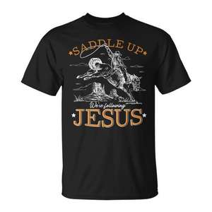 Camiseta retro cristiana occidental con la frase: Saddle Up We're Following Jesus - Product Image 1