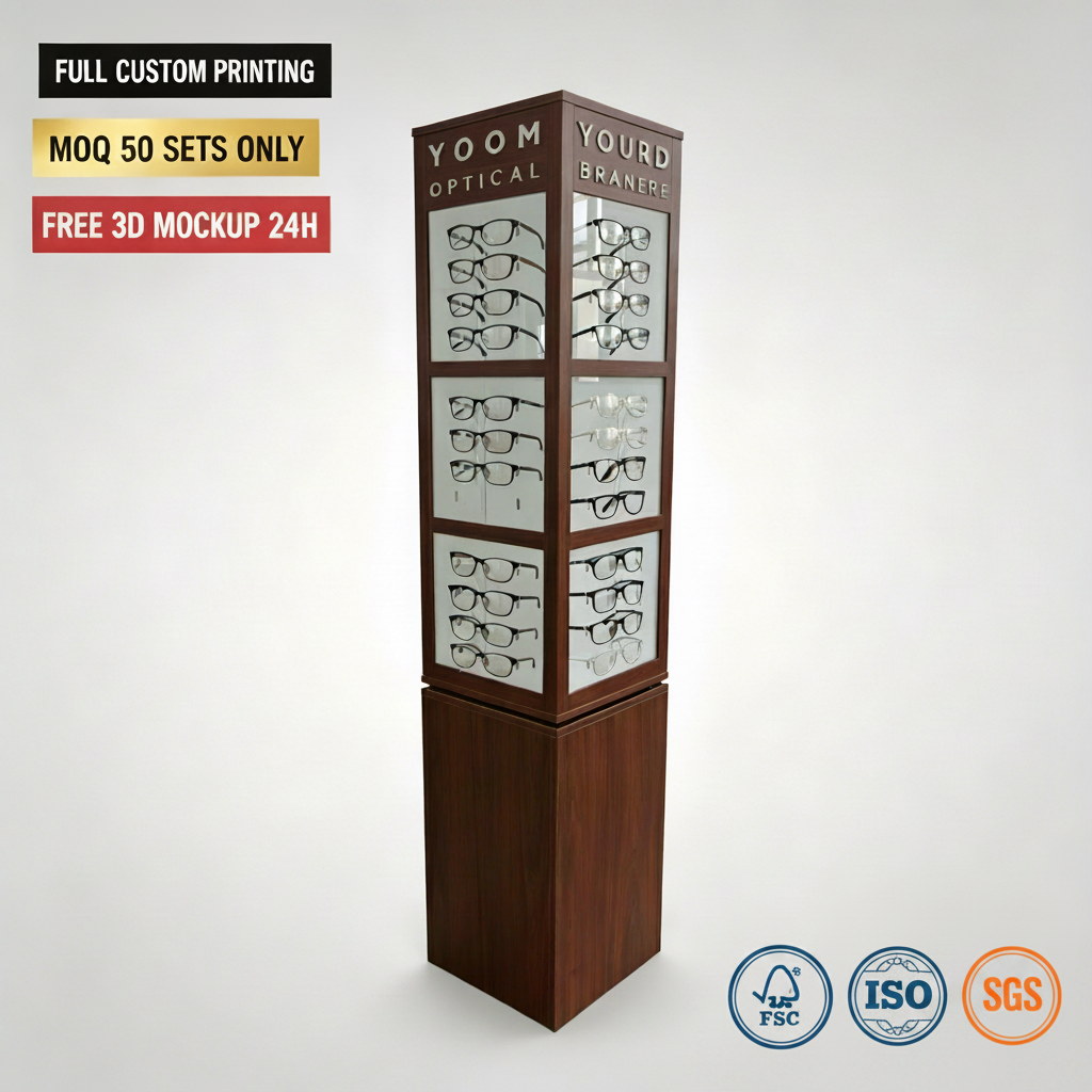 Custom Wooden 4-sides Rotating Sunglasses Display Stand Holders Spectacle Eyeglass Accessory Stand for Retail Store