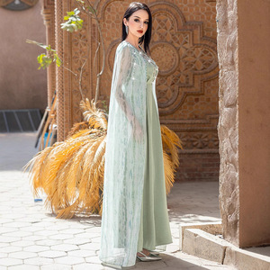 Vestido Largo <span class=keywords><strong>Verde</strong></span> Menta con Adornos Aplicados a Mano, Moda Modesta OEM/ODM, Textura Lujosa con Cristales, Alta Calidad, para Eid - Product Image 2