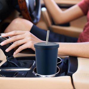 500ml Stainless Steel Skinny Double Wall Travel Car Thermal Coffee Mug Tea Wine Tumbler Cup with Durable <b>Straw</b> Lid - Product Image 2