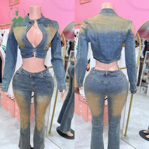 ג 'ינס נשטף אופנה שני חתיכות להגדיר צבע בלוק ז' קט ומכנסיים 2025 ליפול אישה ג 'ינס מתיחה מזדמנים 2 יחידות - Product Image 1