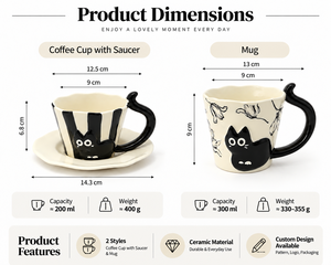 Ensemble tasse et soucoupe à café en céramique 3D en relief motif <span class=keywords><strong>chat</strong></span>, bord ondulé festonné, motif floral, écologique, poignée incurvée brillante, pour café - Product Image 5