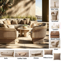 Ensemble de meubles de jardin de luxe modernes en bois massif : table d'appoint ronde, chaise longue, canapé rembourré, mobilier d'extérieur portable et confortable