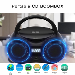 Reproductor de CD portátil negro personalizado de fábrica con transmisión inalámbrica BT, compatible con unidad USB, radio FM y altavoces duales para uso en casa y al aire libre. - Product Image 6