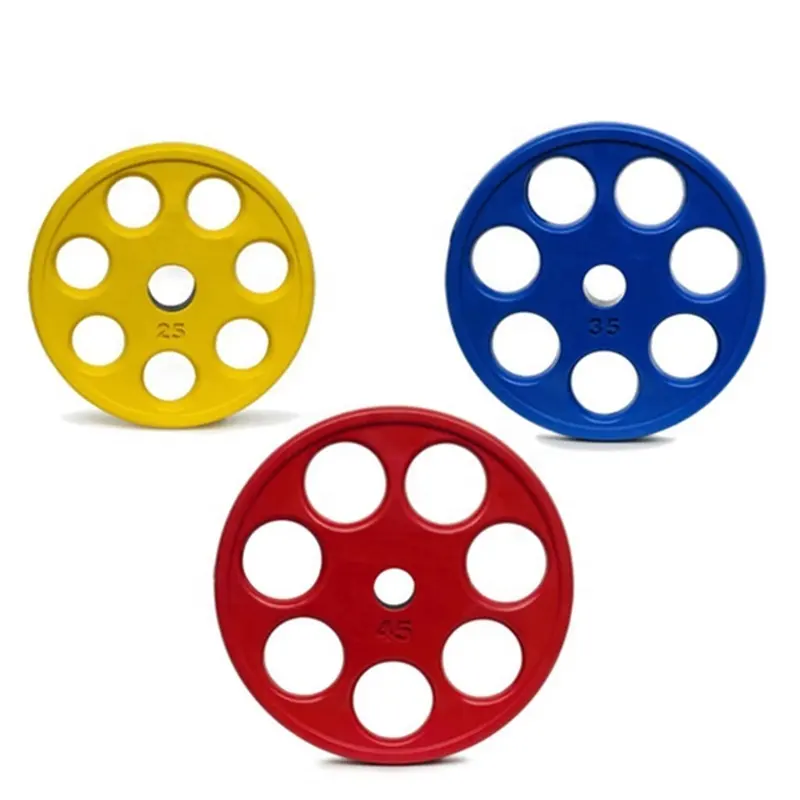 Wholesale color rubber coated weight plate with 7 holes rubber disc gym fitness OEM customized