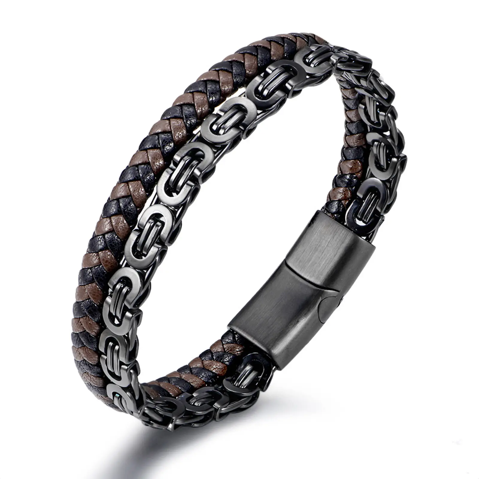 Vnox Zwart Roestvrij Staal Byzantijnse Ketting Twee Tone Geweven Lederen Ketting Armband