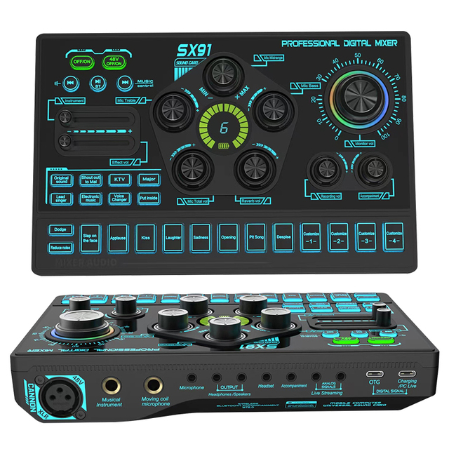 Digital Mixer Sound Card Mobile Phones, Computers, Streaming Media, Podcast with Noise Reduction 4 Customizable Buttons SX91