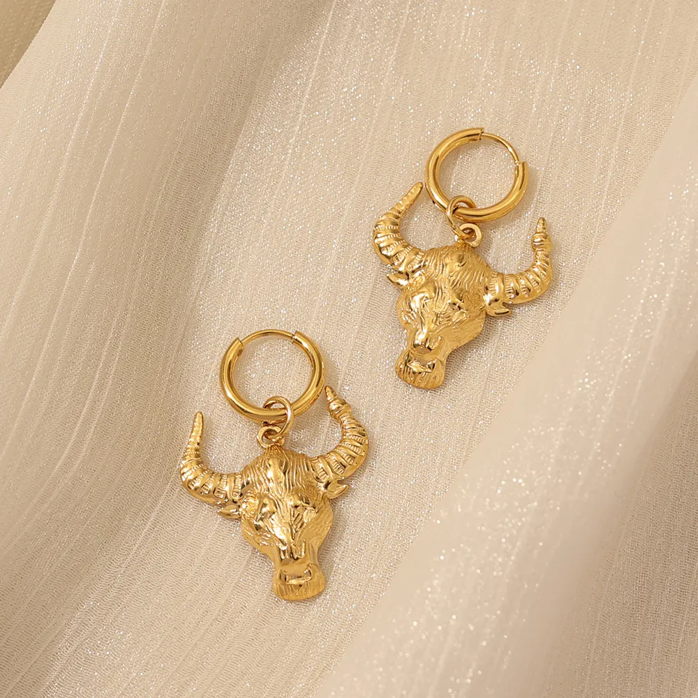 Vivid Bull Head Earrings Animal Trendy Dangle Earrings Fine Jewelry 18k Gold Plated Zodiac Taurus Horn Bull Skull Earrings