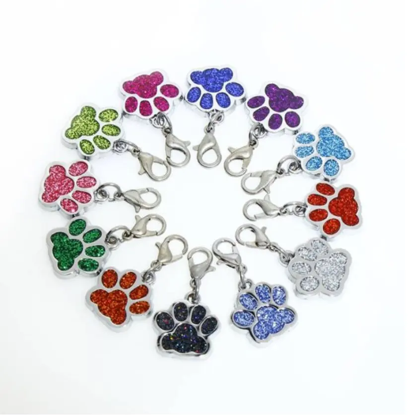 Wholesale Dog Cat Paw Charms For Jewelry Making Glitter Pendant Hang Charm With Lobster Clasp Keychain Pet Collar Accessories
