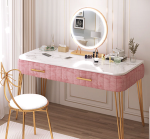 <strong>Make</strong> <strong>up</strong> <strong>Vanity</strong> Table with Marble Top Round Mirror Velvet Dressing Desk Bedroom Furniture - Product Image 1