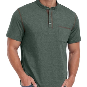 T-shirt tricoté à manches courtes pour homme, coupe ajustée, col montant, couleur unie, tenue décontractée, vert - Product Image 5