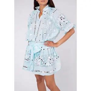 2021 mais vendidos turquesa delicada espelho bordado mulheres tela de impressão blusão vestido meninas balão manga túnica transicional