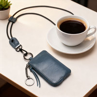 Dompet Kunci Kulit Asli Mini, Kantong Leher, Dompet Koin, Tempat Kartu, Resleting, dengan Tali Pengikat yang Dapat Disesuaikan, untuk Perjalanan