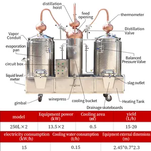 Equipamento de destilaria de álcool para destilaria de copro, potes duplos de 250L, destilador de álcool ainda