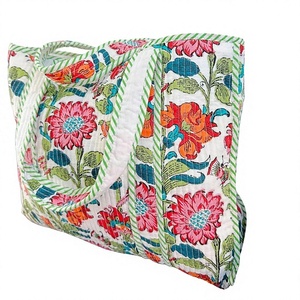 <b>White</b> floral quilted cotton tote <b>bag</b> with green striped handles spacious shoulder style for shopping travel beach everyday use - Product Image 1
