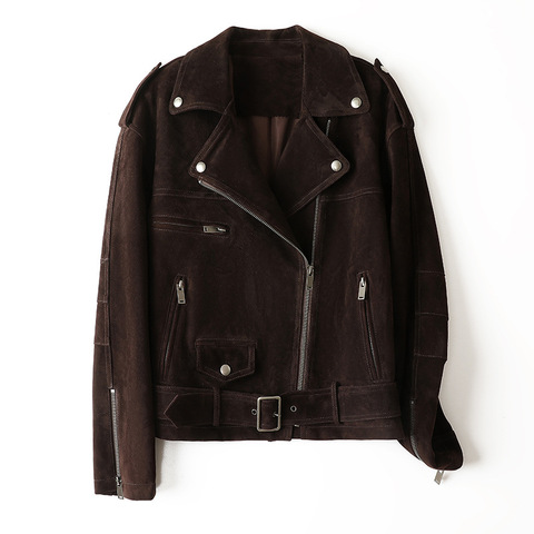 572 Autumn and Winter New Goat Leather Suede European and American Style Locomotive Lapel Belt Short Jacket