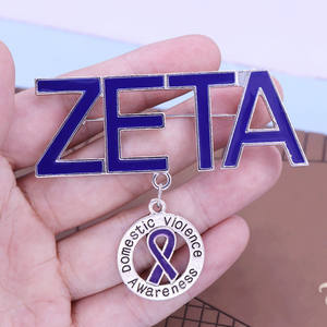 新しいデザインパープルリボンサバイバー家庭内暴力意識ソロリティギリシャ文字ZETAブローチレディサービスラペルピン - Product Image 1