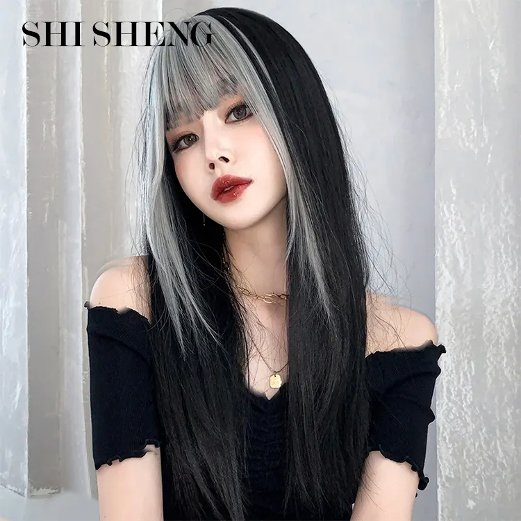 SHI Jennie Wig sintetis Ombre lurus hitam gaya yang sama dengan poni abu-abu untuk wanita Wig Cosplay serat suhu tinggi