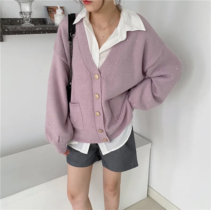 Casual loose female fleece puff long sleeve button dot v-neck crochet knitted ladies sweater cardigan women
