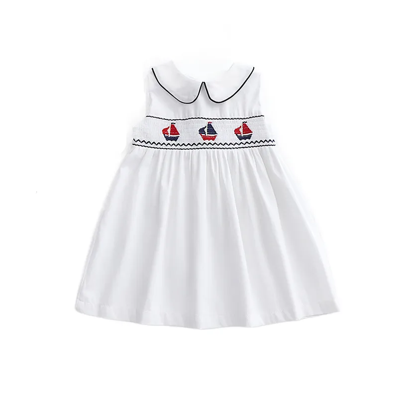 Summer Girls Handmade Smocked Embroidered Sailboat Dress For Baby Kids Cotton Sleeveless Princess Dress