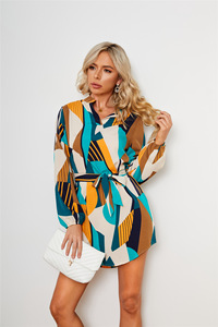 Nuovo arrivo all'ingrosso <span class=keywords><strong>vestito</strong></span> da donna in vita <span class=keywords><strong>vestito</strong></span> colletto con stampa Casual manica lunga su misura Mini t-shirt abito - Product Image 3