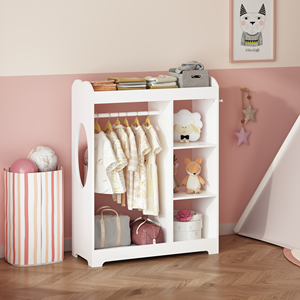 Kids Dress <strong>up</strong> Storage with Mirror&amp;Hooks, Wooden Clothes Rack, Hanging Rod, Shelves Organizer for Playroom Bedroom Nursery White - Product Image 1