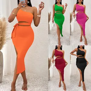 Unique design one sloping shoulder summer knotted hollow out with knitted elastic hip sexy irregular midi dress